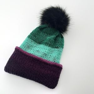 Ladies emerald and purple double knit winter hat